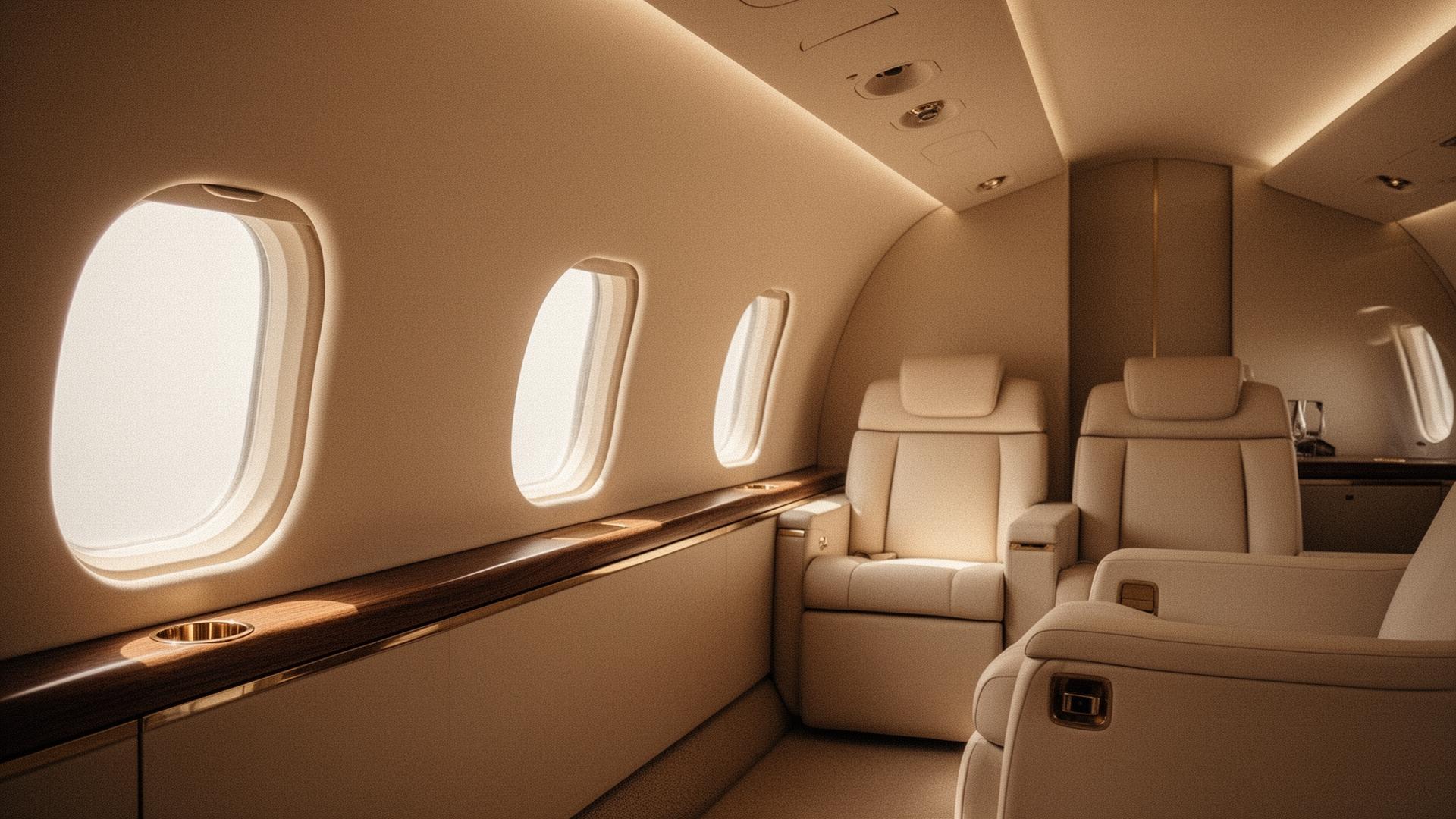 Private aviation interior in warm ivory tones